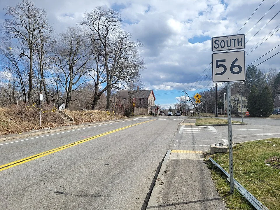 Image of Route 56 South in Oxford MA with the South 56 Route marker in frame