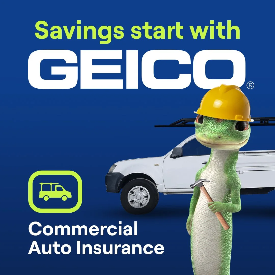 An advertisement for GEICO commercial auto insurance featuring a cartoon lizard wearing a yellow hard hat and holding a hammer, standing next to a white utility truck, with the text 'Savings start with GEICO' and a green icon of a work truck.