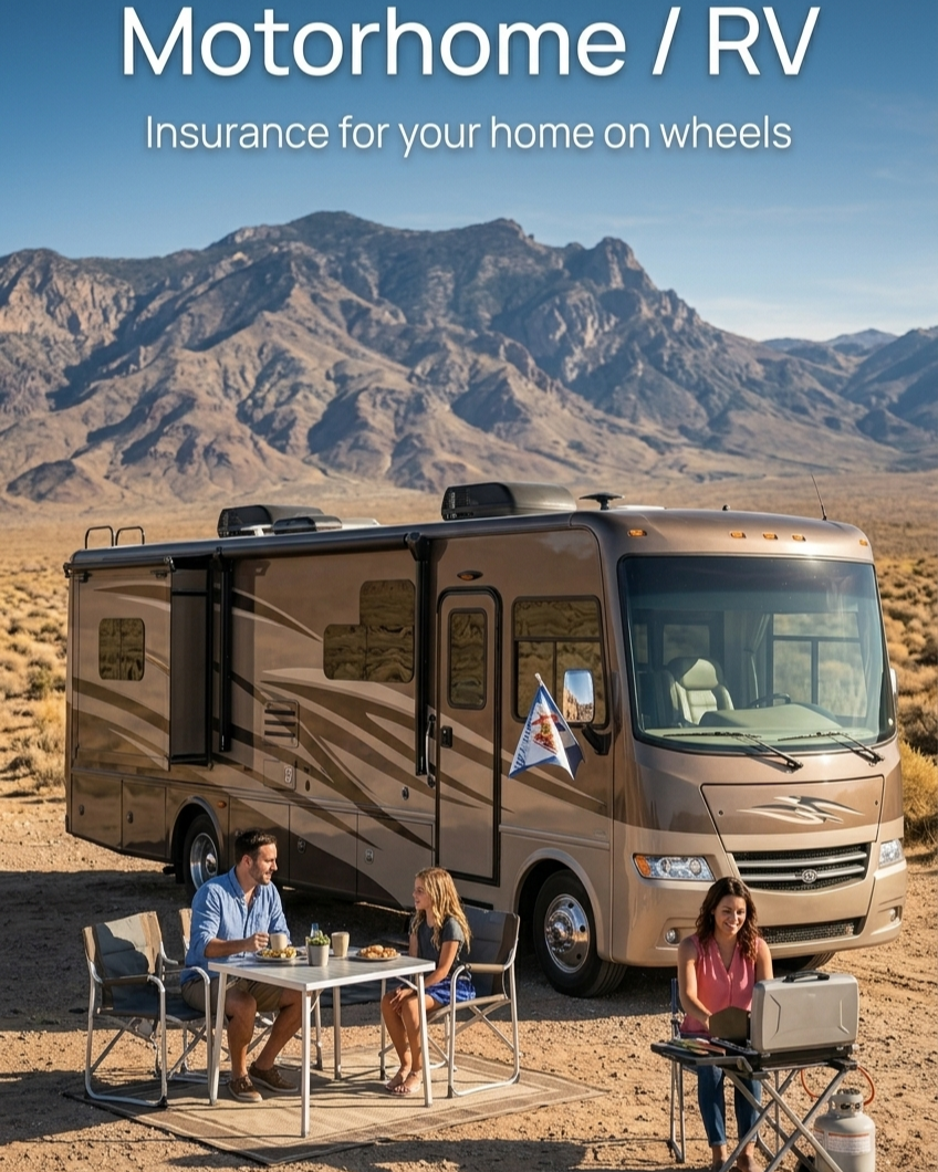 An RV parked outdoors with a mountain backdrop, with a family having a meal outside and a woman using a grill or stove. The setting suggests a camping scene in a desert landscape.