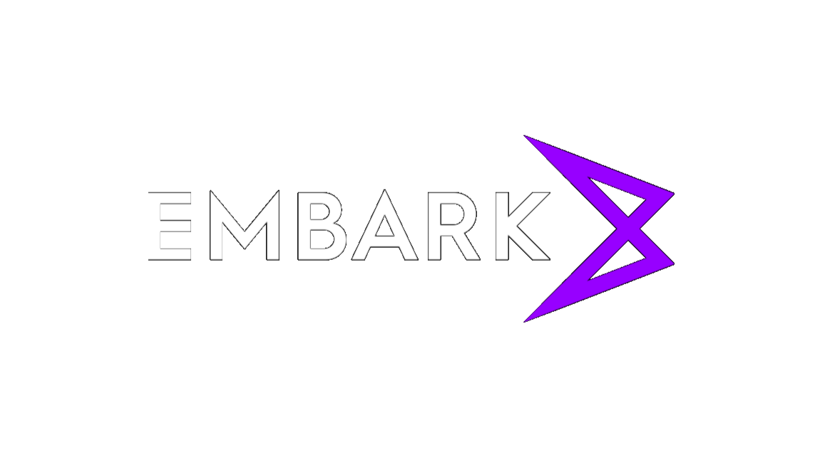 Black background with white text that says 'EMBARK' and a purple arrow pointing right, symbolizing moving forward or starting a journey.