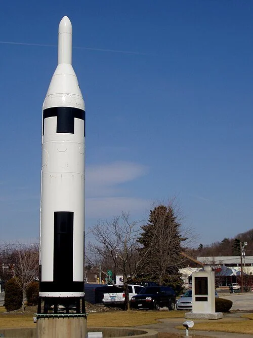 image of the robert goddard rocket statue in Auburn MA