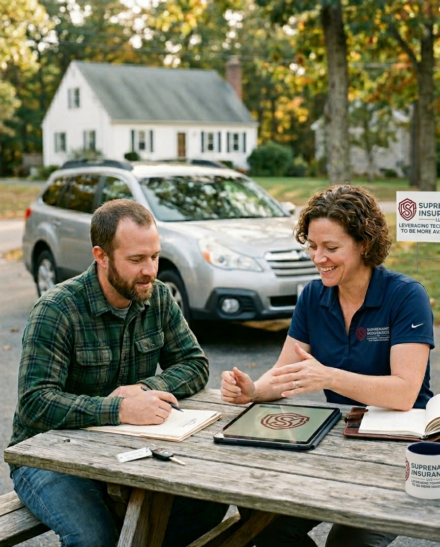 A man and a woman sitting at a wooden picnic table outdoors, discussing insurance with documents and a tablet. A car and a house are visible in the background.