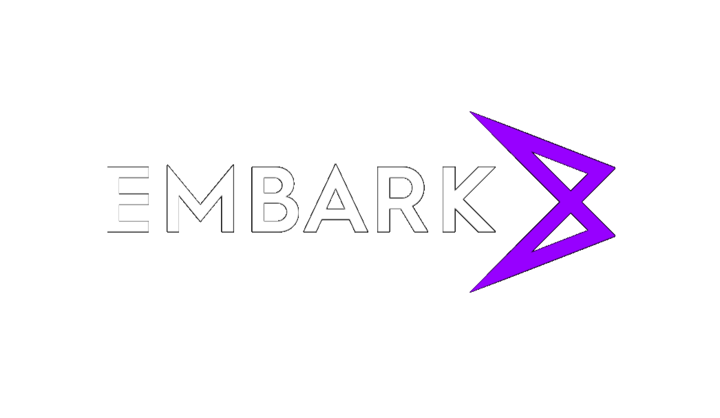 The logo features the word 'EMBARK' in white capital letters with a purple geometric arrow pointing to the right.