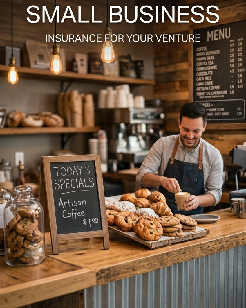 A man behind the counter of a small coffee shop, smiling and preparing a drink. On the counter, there are assorted baked goods like croissants and cookies, and a chalkboard sign advertising artisan coffee for one dollar. The background shows a menu board and shelves with coffee supplies, with warm lighting and wood decor.