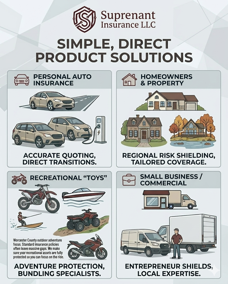 Infographic from Suprenant Insurance LLC showing their simple, direct product solutions: personal auto insurance with accurate quoting and direct transitions, homeowners and property coverage with regional risk shielding and tailored coverage, recreational toys like motorcycles, boats, and ATVs with adventure protection, and small business or commercial insurance with entrepreneur shields and local expertise.