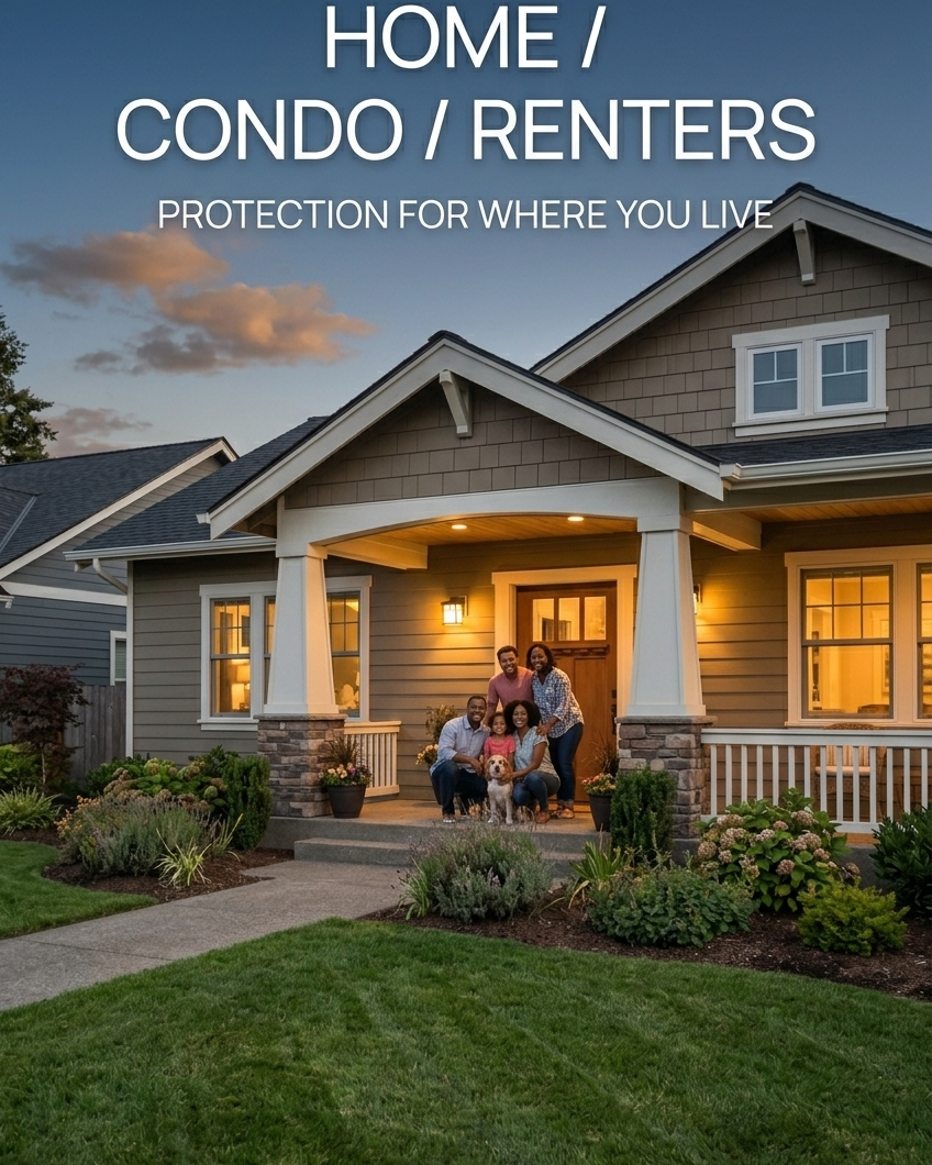 A family of five and a dog standing on the front porch of a single-family home during sunset, with the house lights on and landscaping in the front yard.