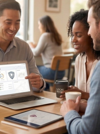 Three people sitting at a table in a coffee shop, smiling and looking at a laptop screen displaying various icons and charts, with one person holding a cup of coffee.