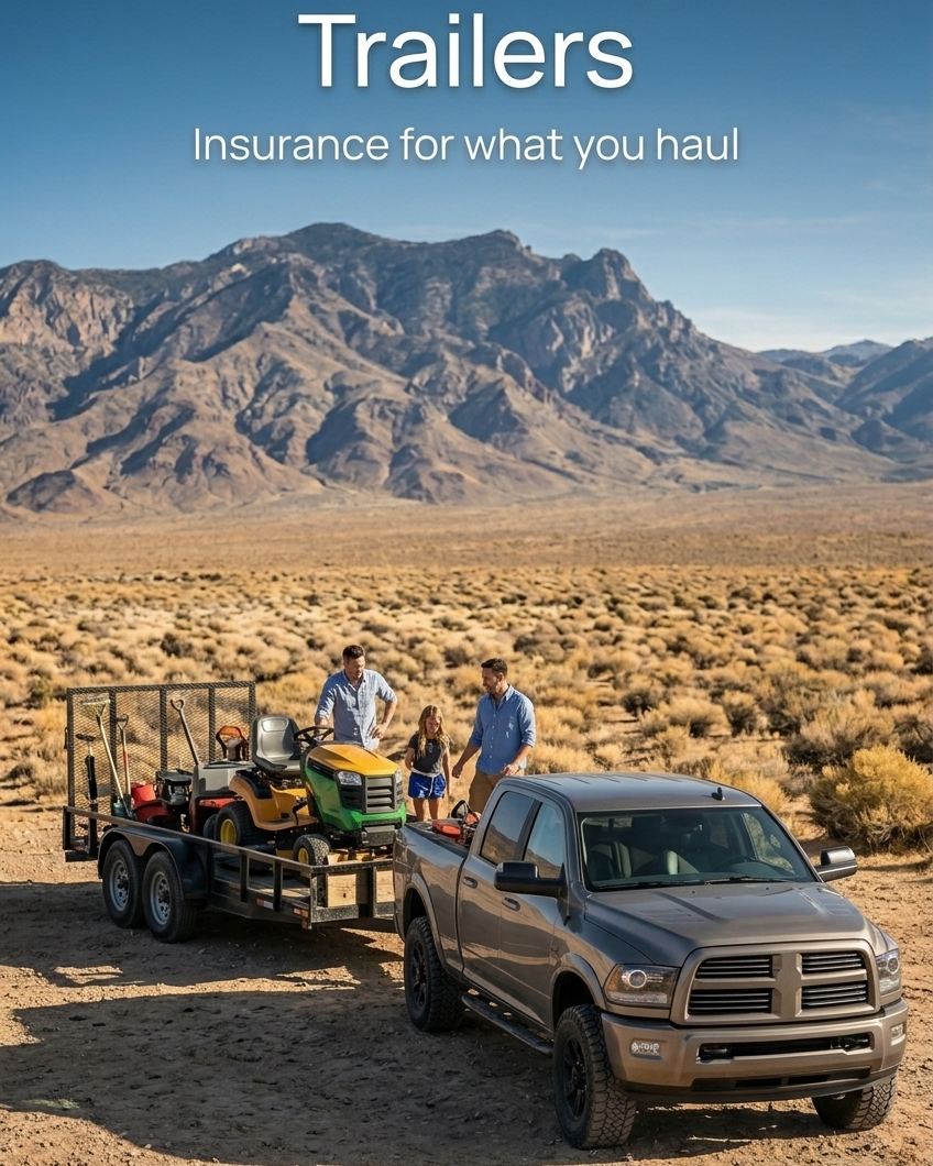 A family is preparing a trailer with various outdoor equipment and small vehicles, attached to a gray pickup truck, in a desert landscape with mountains in the background.