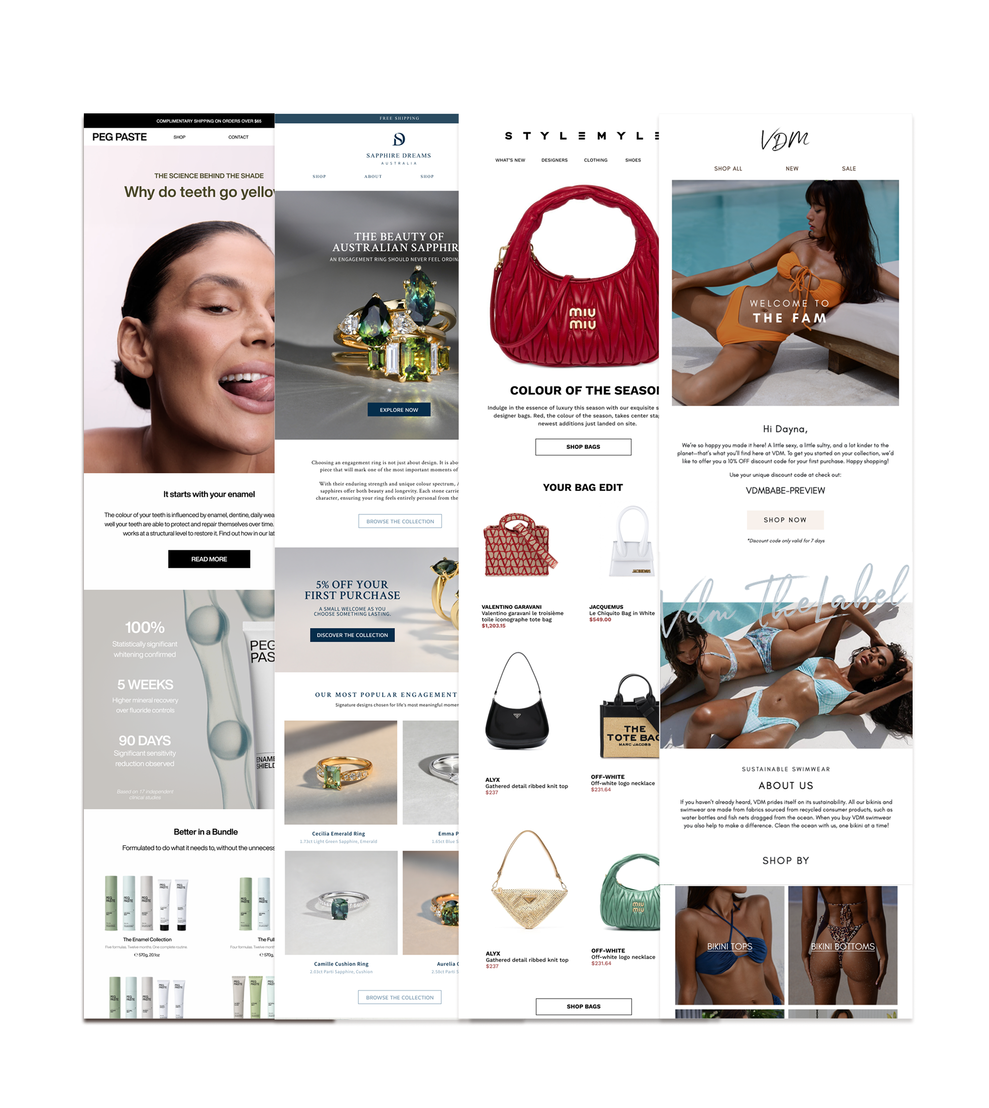 Multiple overlapping online store website pages featuring jewelry, fashion, skincare, and swimwear products.