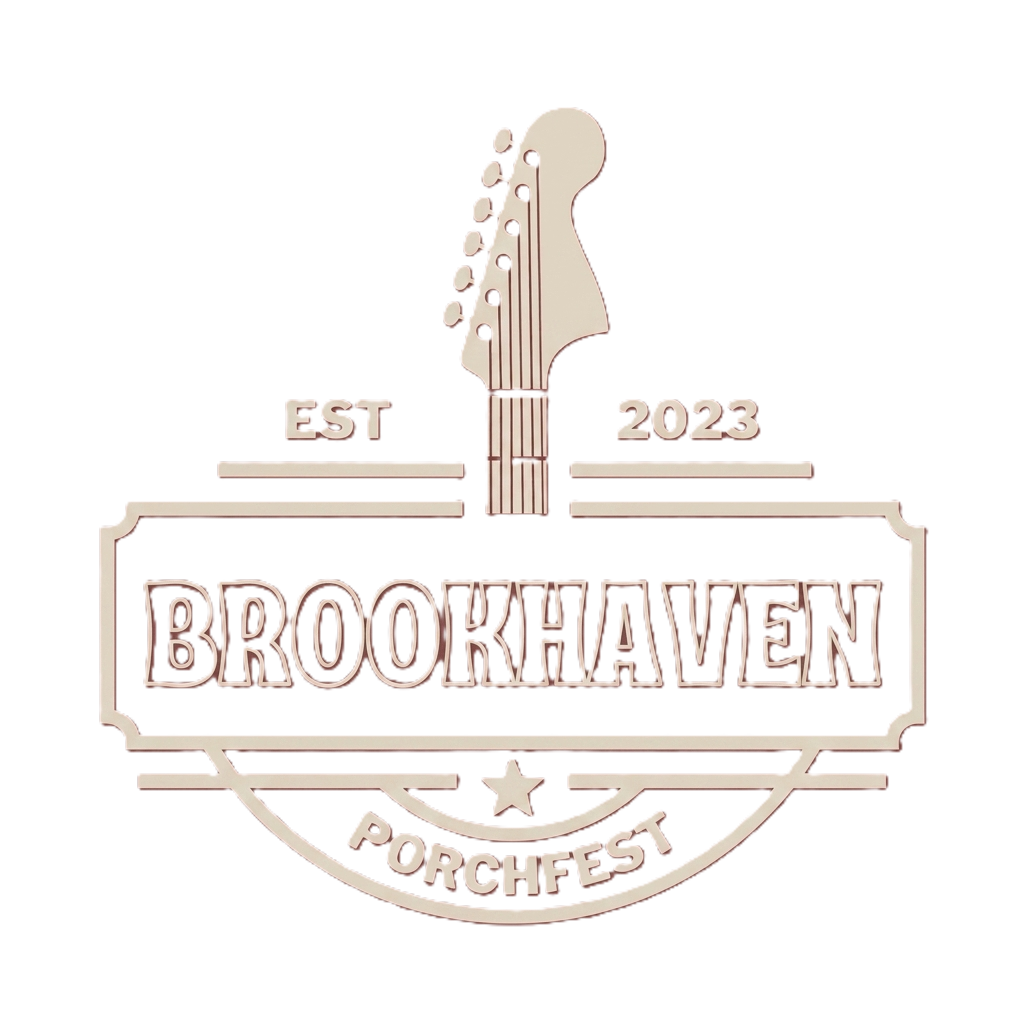 Logo for Brookhaven Porchfest with a guitar headstock, text reading 'EST 2023', and a banner with 'Brookhaven' and 'Porchfest'.