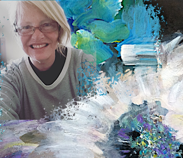 Artist Barb C smiling with colorful abstract paint splashes and brushstrokes in her studio.