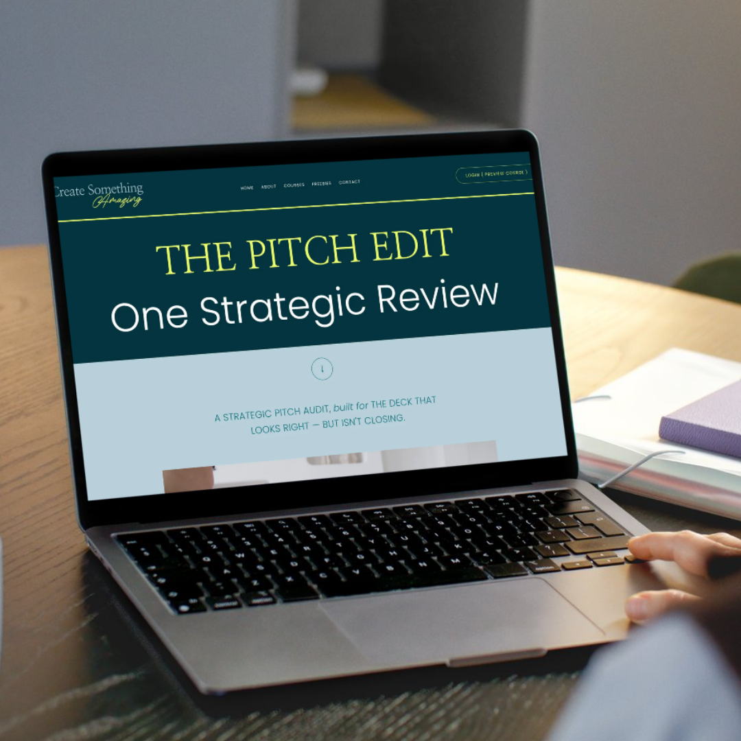 Open laptop on a wooden desk displaying a webpage titled "The Pitch Edit: One Strategic Review."