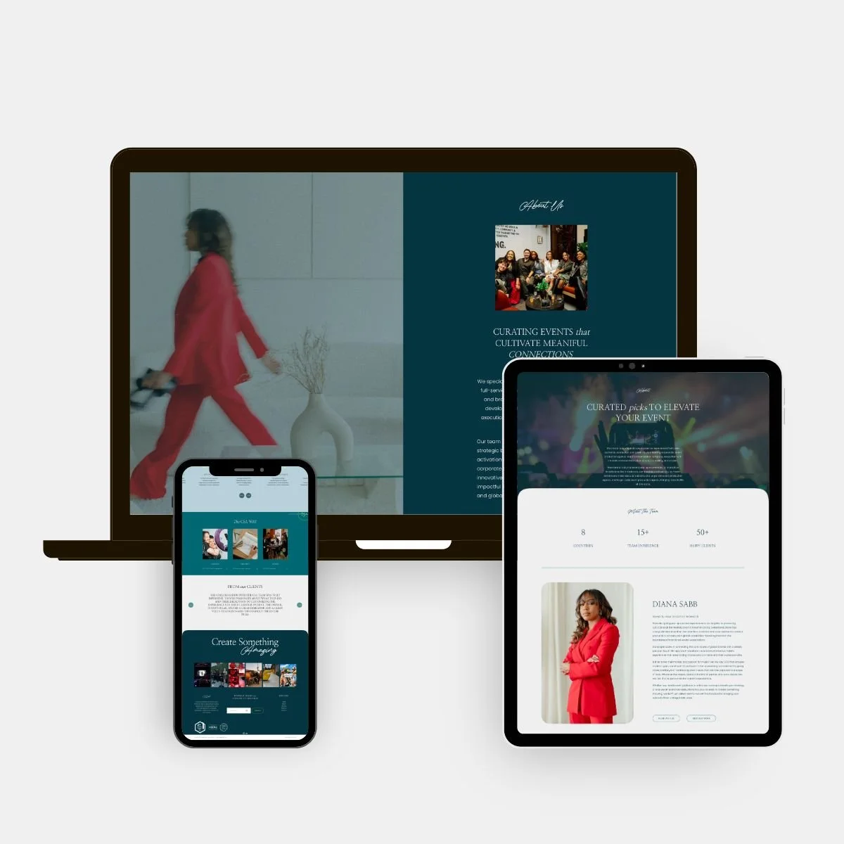 Photo of various electronic devices displaying a modern website design, including a laptop, a tablet, and a smartphone, with different sections of the site visible on each device.