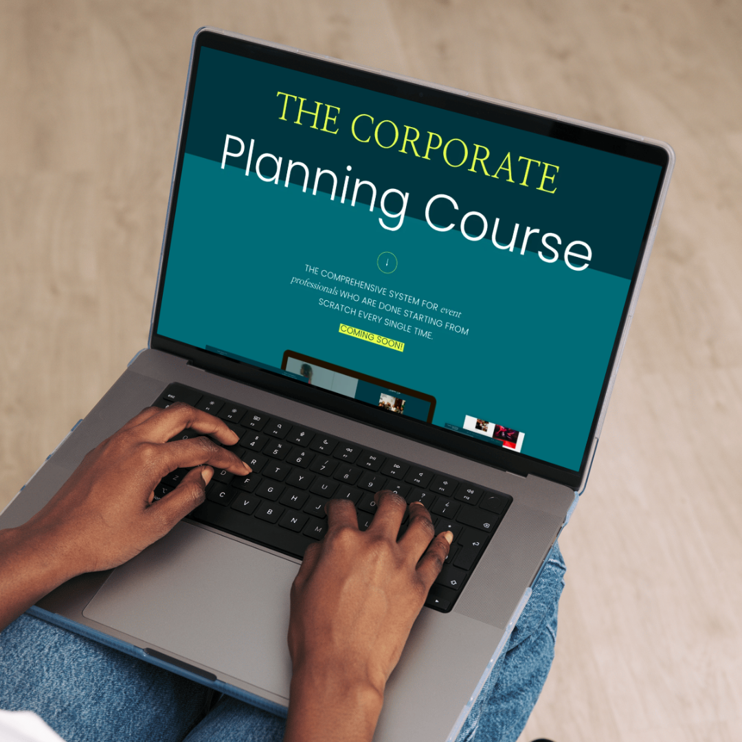 Laptop screen displays a course titled 'The Corporate Planning Course' with the subtitle about a comprehensive system for event professionals and an upcoming release notice.