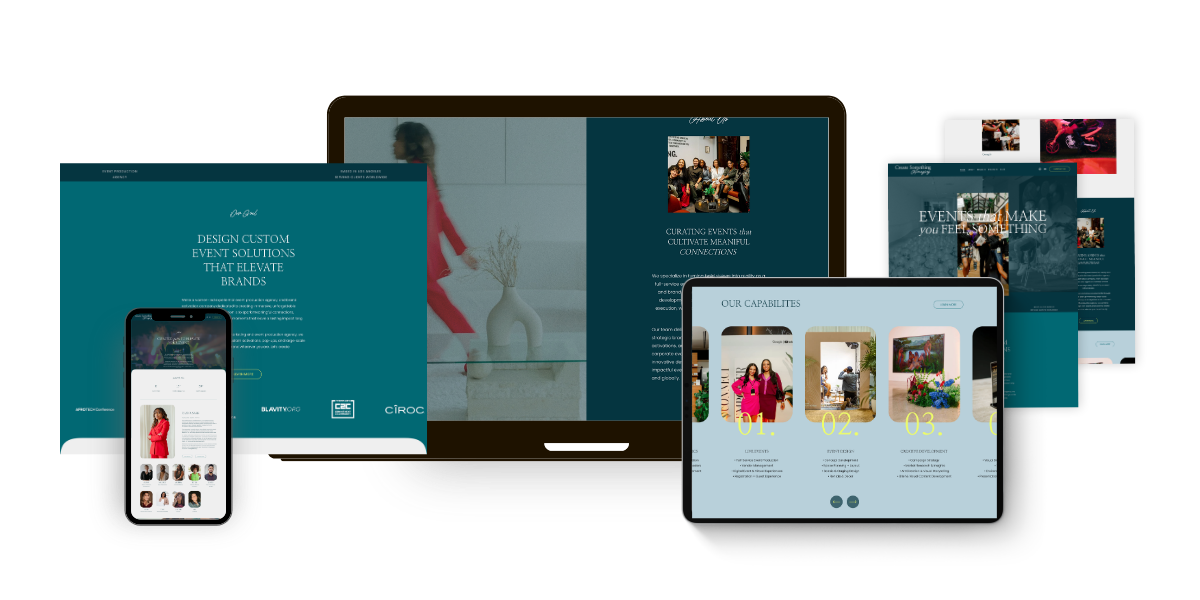 Multiple digital devices displaying website designs, including laptops, tablets, and a smartphone, with images of people, text, and colorful layouts.