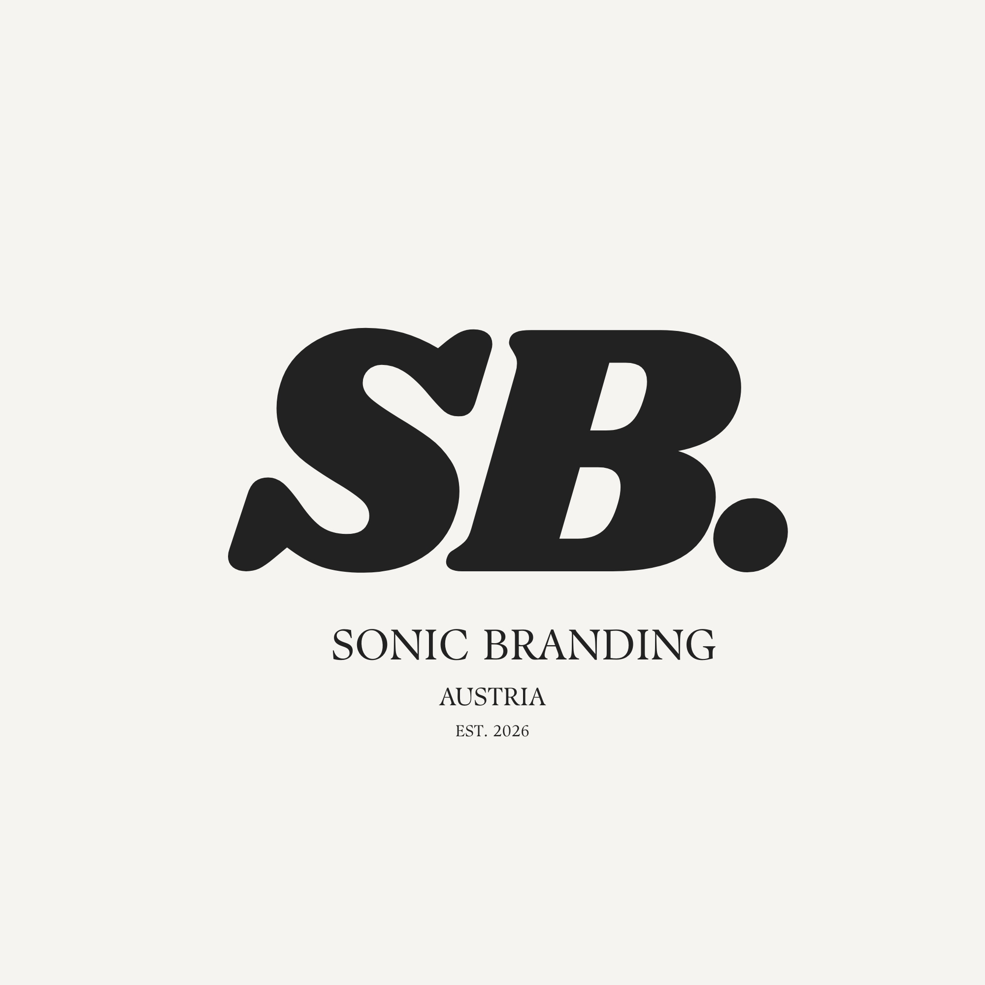 Stylized black and white logo with overlapping 'S' and 'B' letters, followed by the text 'SONIC BRANDING AUSTRIA' and 'EST. 2026.'