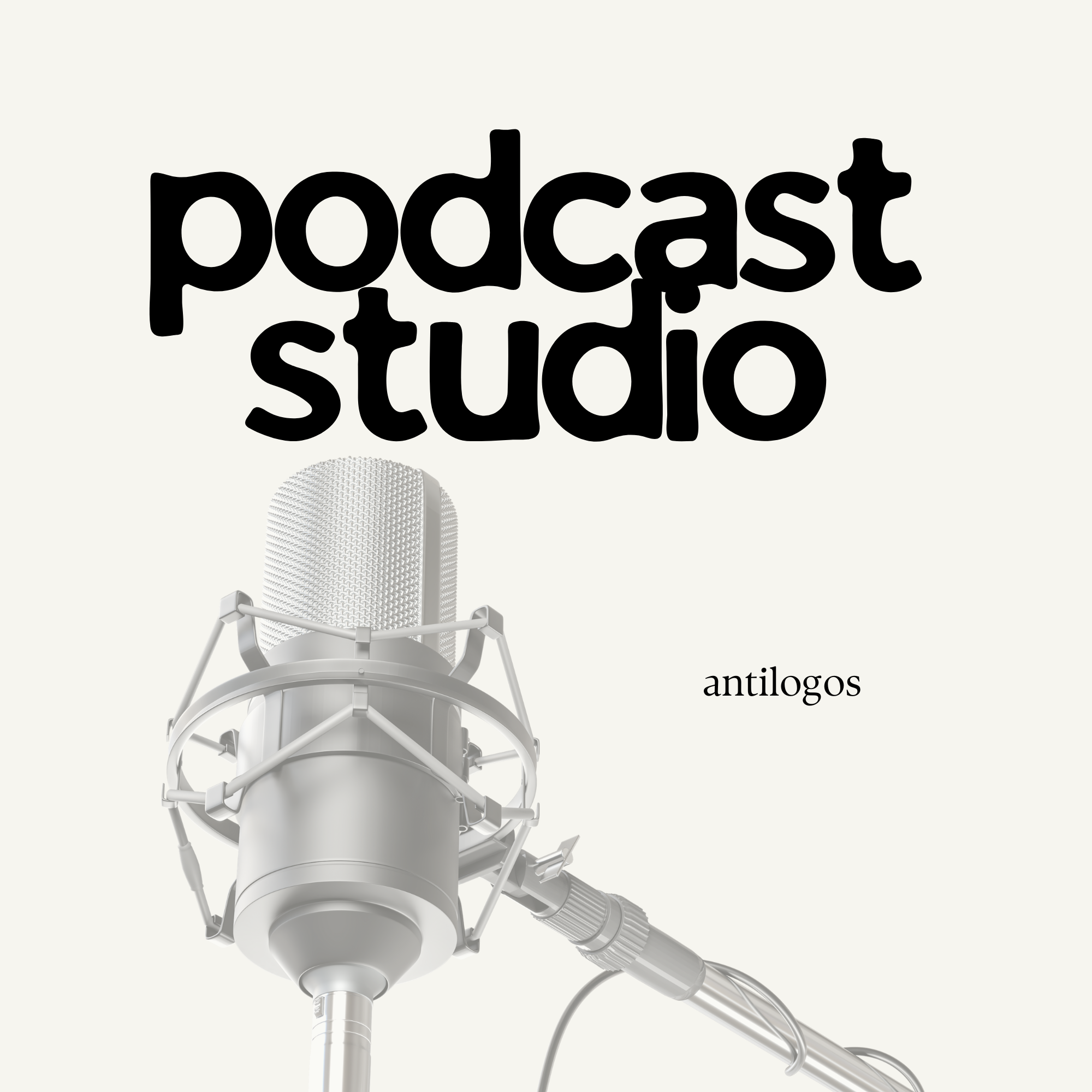 Black and white illustration of a microphone in front of the text 'podcast studio' and the word 'antilogos'