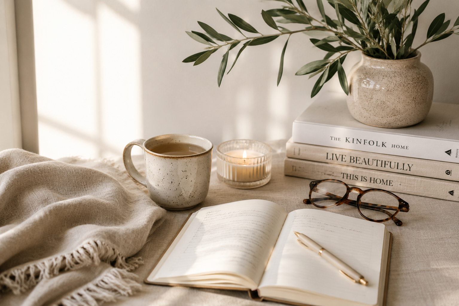 A cozy workspace with a beige blanket, an open notebook with handwritten notes and a gold pen, tortoiseshell glasses, a cup of tea, a lit candle, a stack of books, and a potted plant on a table near a window with sunlight.