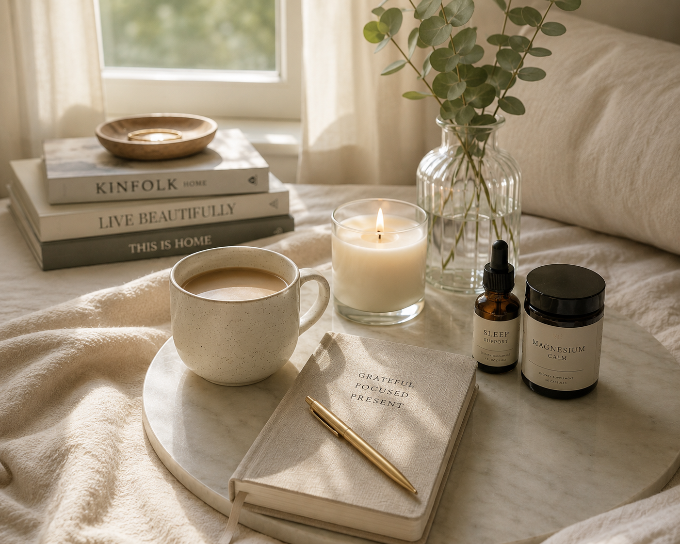 A cozy bed scene with a cup of coffee, lit candle, green leaves in a glass vase, health supplements, a journal, a gold pen, a stack of books, and soft natural light coming from a window.
