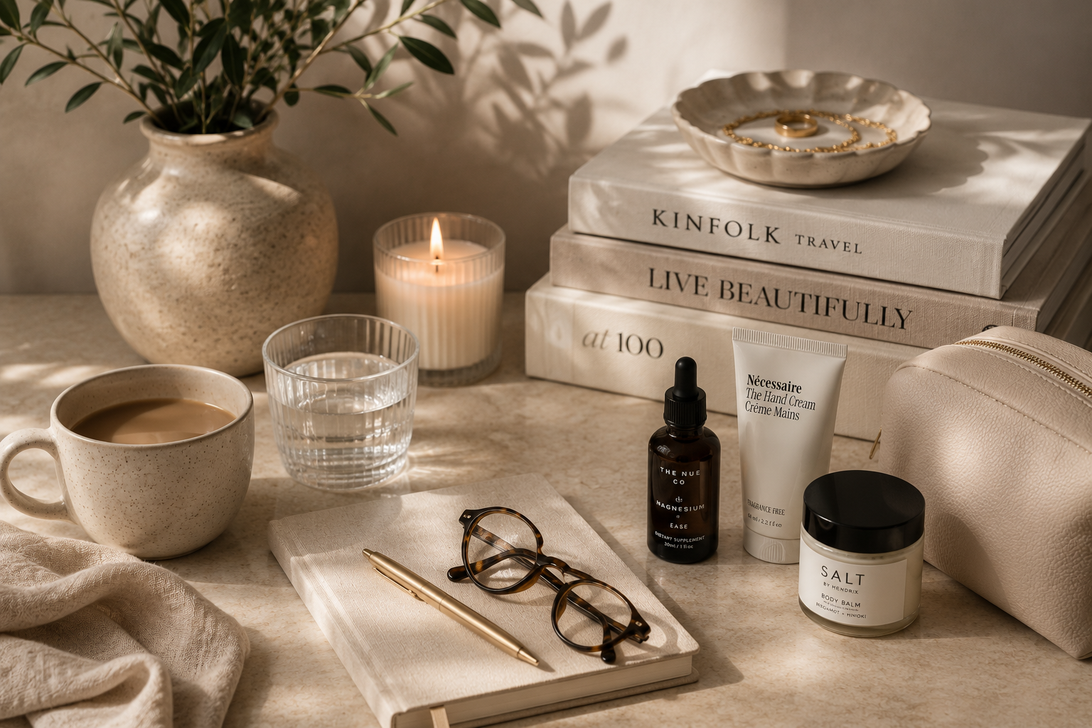 A cozy desk setup with a cup of coffee, glass of water, lit candle, eyeglasses, a notebook with a gold pen, skincare products, a stack of books, a plant in a speckled vase, and a cream-colored pouch.