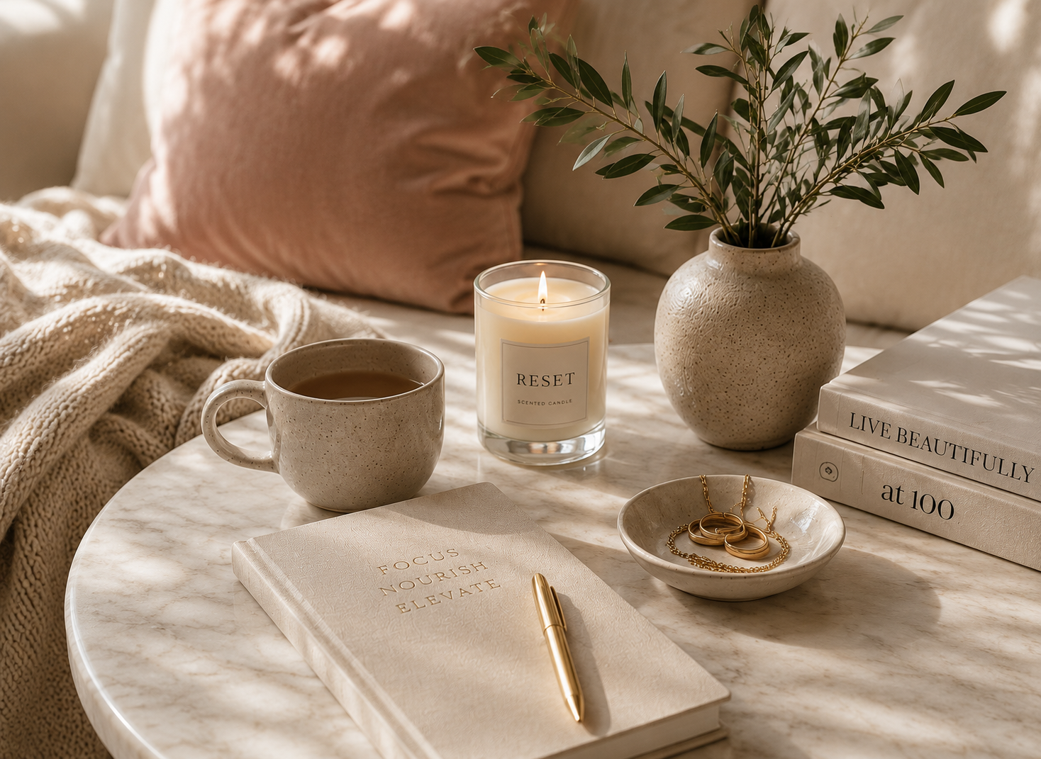 A marble coffee table with a coffee mug, a lit scented candle labeled 'RESET,' a ceramic vase with green leaves, a stack of books, a jewelry dish with gold jewelry, a notebook titled 'FOCUS NOURISH ELEVATE,' and a gold pen. In the background, there is a cozy bed with a pink pillow and cream-colored blanket.