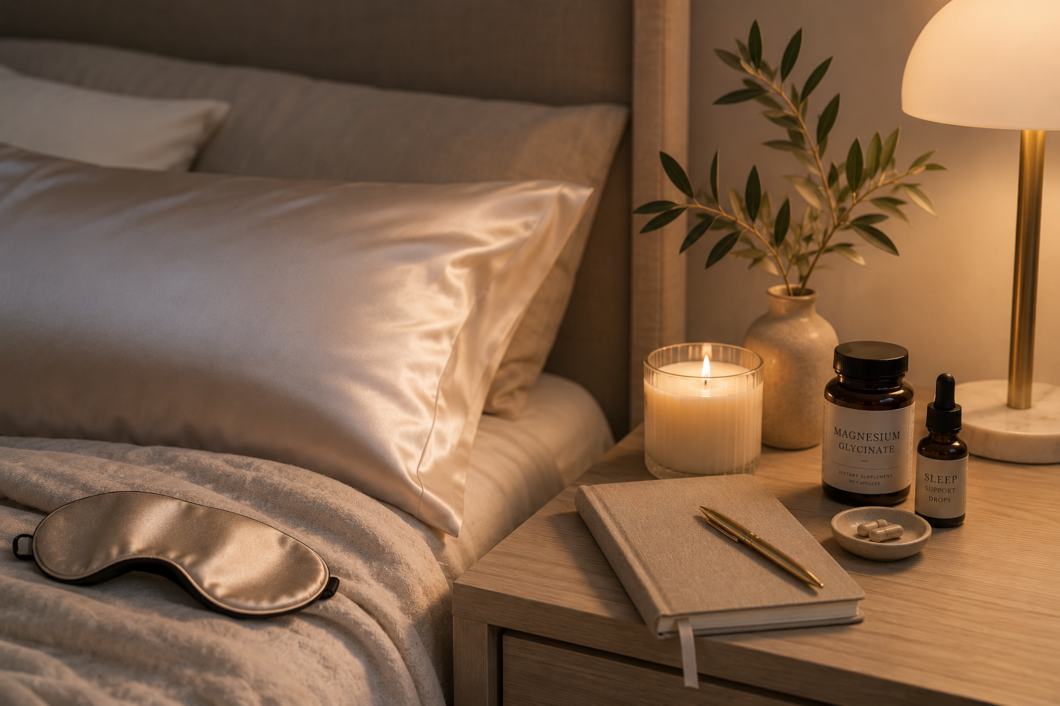 A bedside table with a candle, a bottle of magnesium glycinate, a sleep support drops bottle, a small dish with capsules, a notebook, and a gold pen. There is a bed with silky pillows in the background, a plant, and a lamp.
