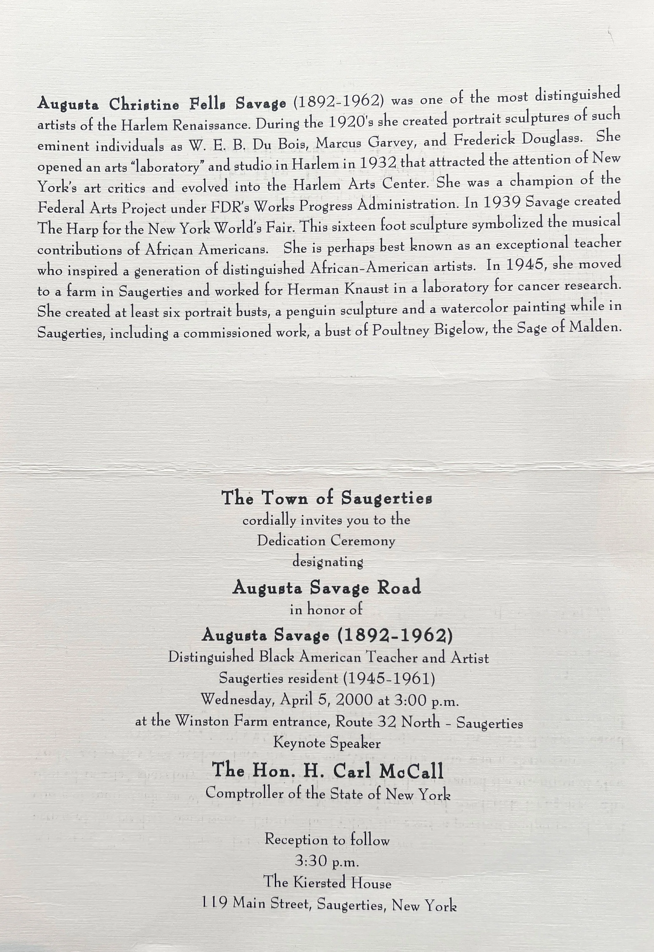 Invitation to the dedication ceremony, April 5, 2000. 
Saugerties Public Library. 