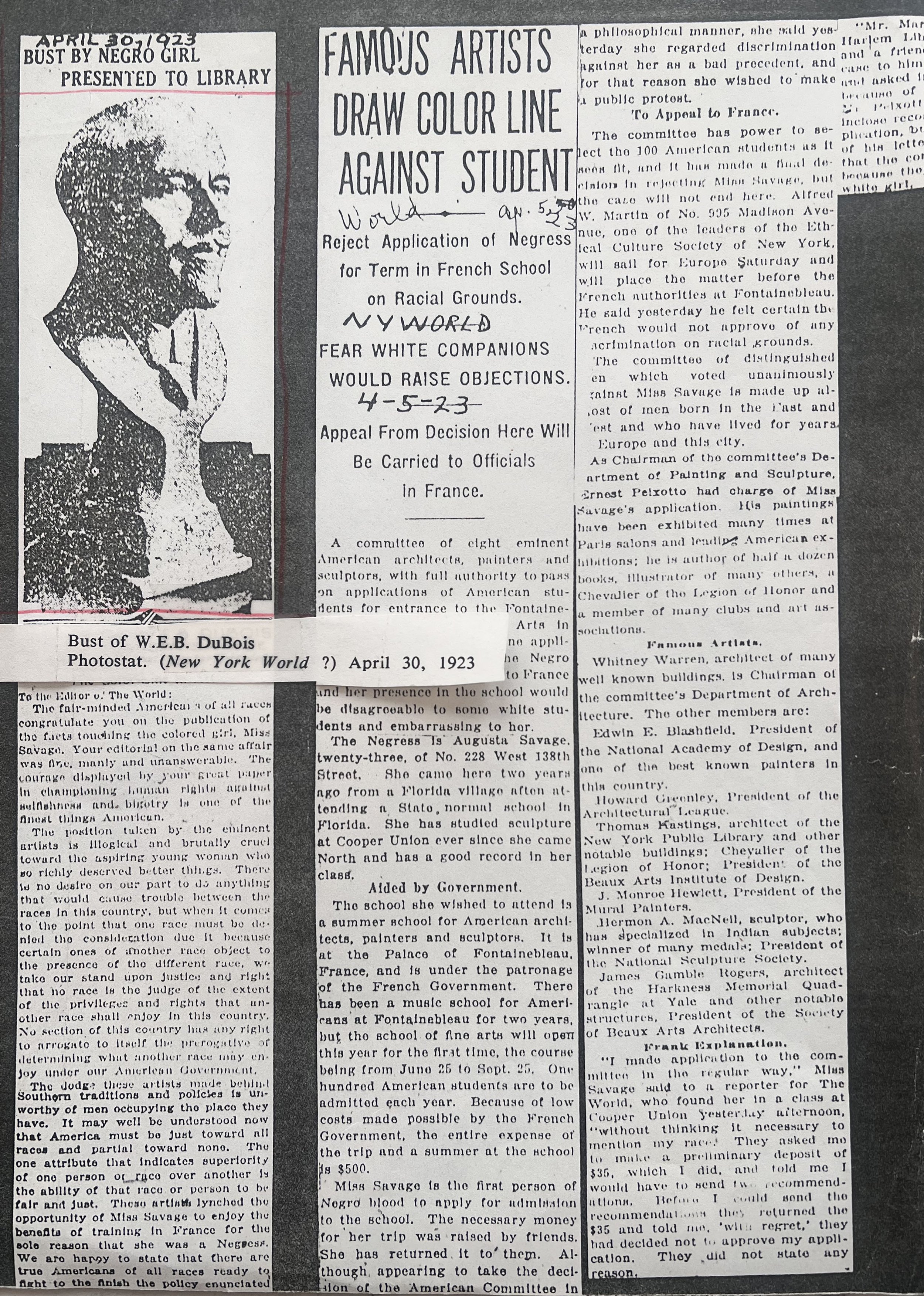 Left: her bust of W.E.B. DuBois, presented to the library, April 30, 1923. Right: “Famous Artists Draw Color Line Against Student,” New York World, April 5, 1923, reporting the withdrawal of her Fontainebleau scholarship.