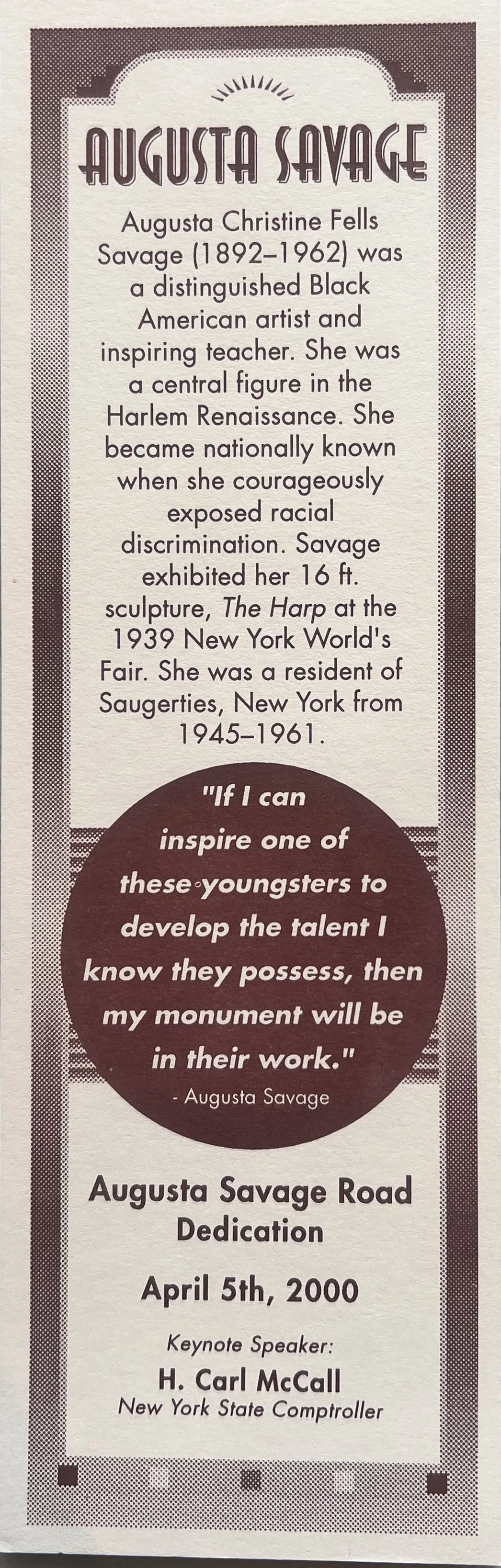 Commemorative bookmark from the dedication, 2000. Saugerties Public Library. 