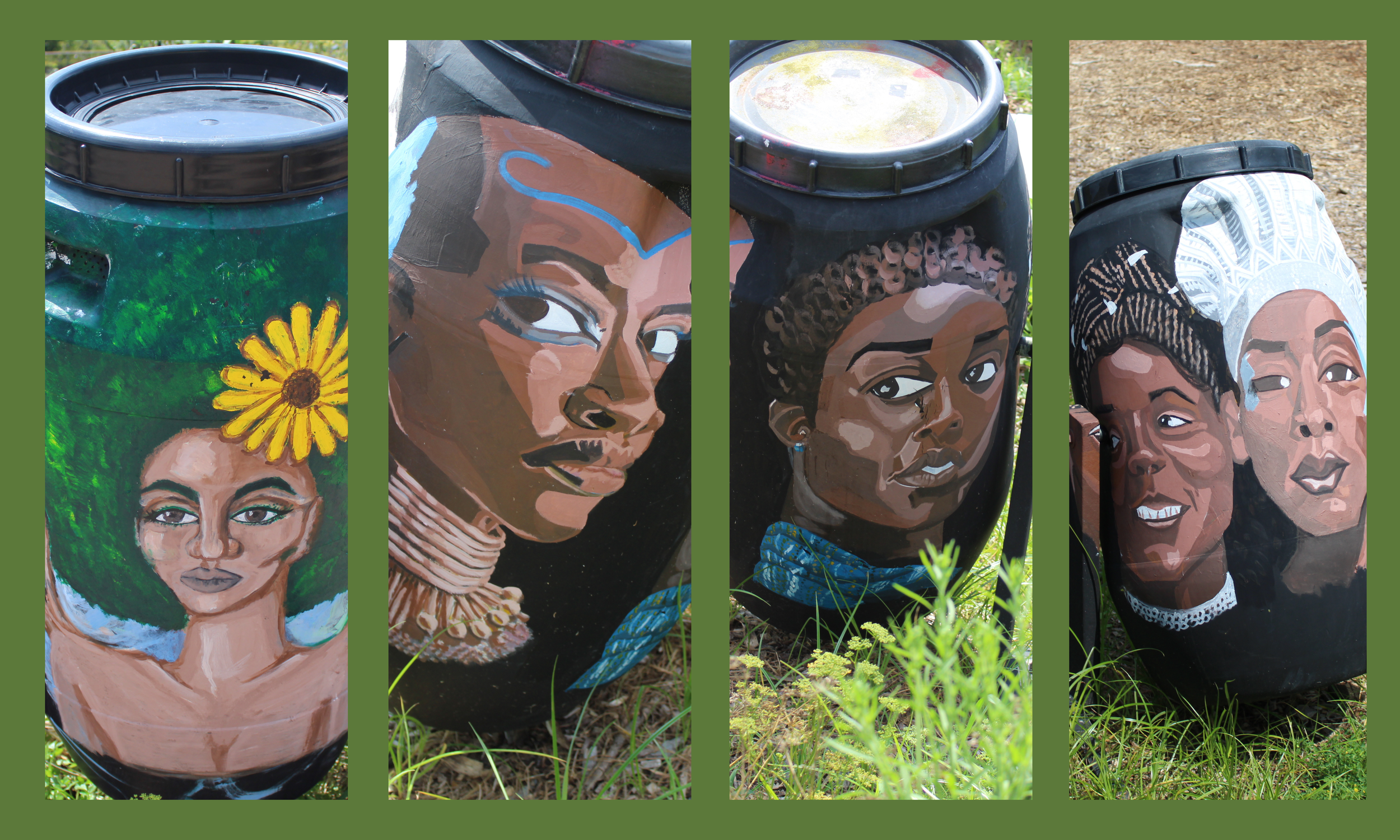 Compost Tumbler Murals:
Acrylic murals on compost tumblers featuring Zuri, Okoye, and the Yoruba goddess Aja.