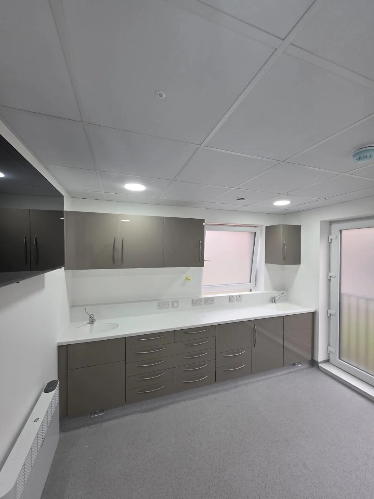Modern kitchen with gray cabinets, white countertops, and a window above the counter. Ceiling has recessed lights and a smoke detector. There is a door with a frosted glass window leading outside.