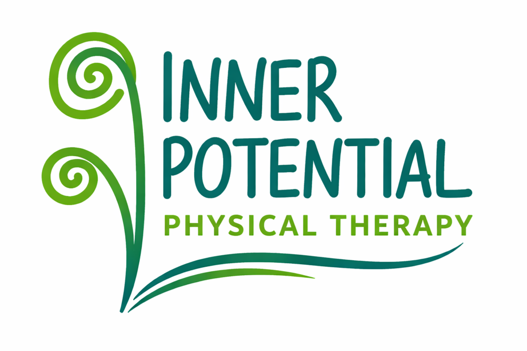 Inner Potential Physical Therapy Logo. Green and teal with fiddlehead/spiral design on the lefthand side