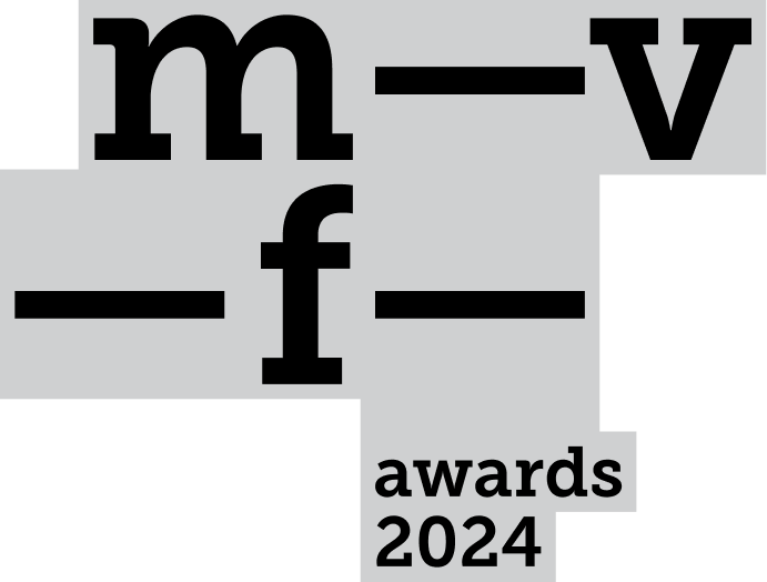 Graphic design for the M-V Fund awards 2024, with bold black lettering, geometric shapes, and gray background.