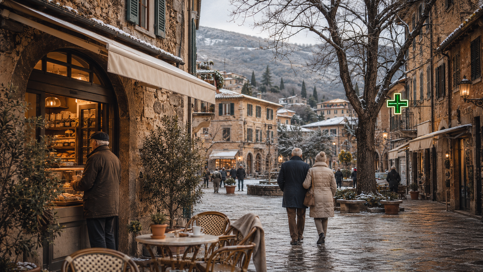 Italian town in winter with open shops and healthcare access