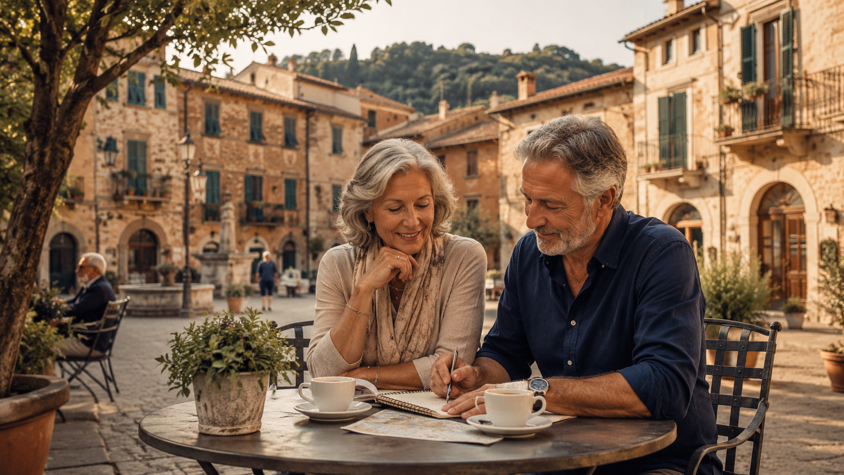 Mature couple planning retirement in an Italian piazza
