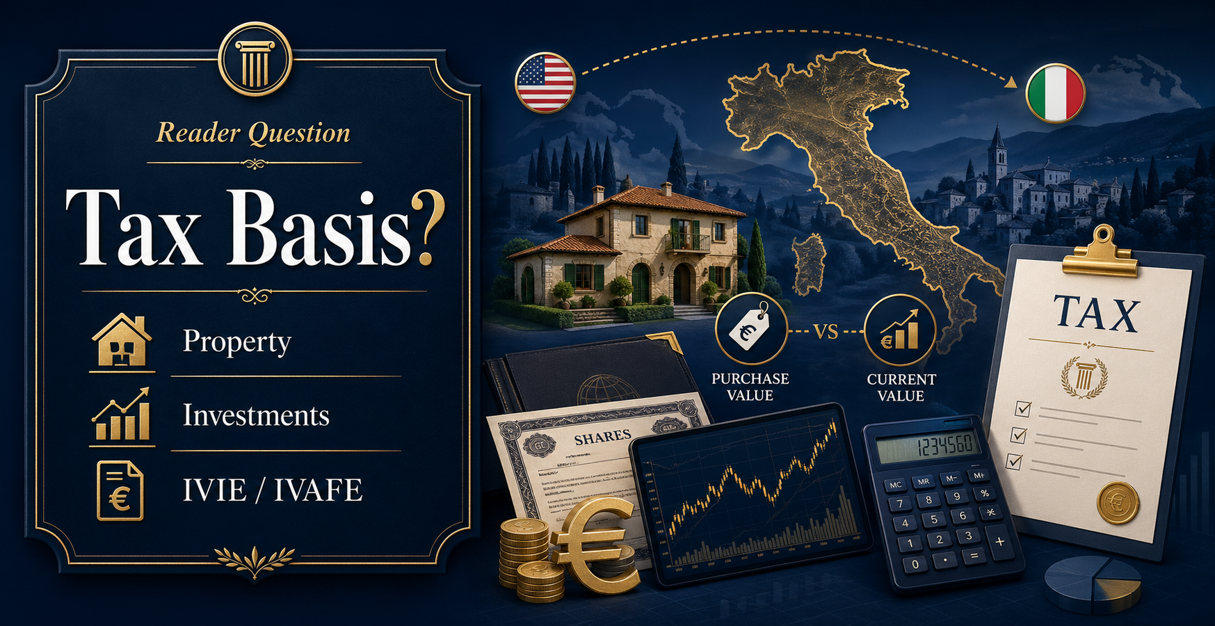 How does Italy calculate the tax basis on foreign assets — purchase price, current value, or tax records?