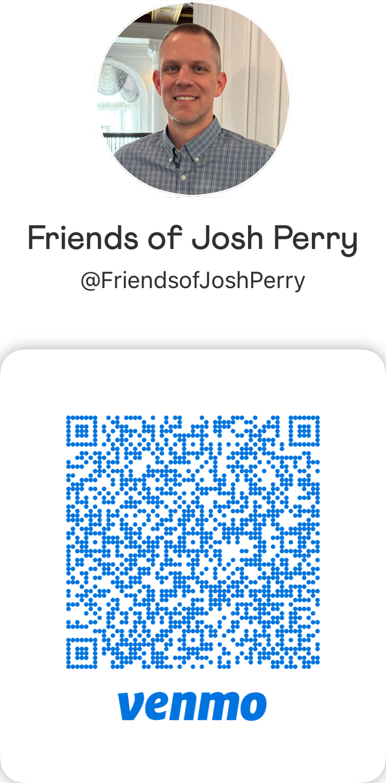 Smiling man with short hair wearing a blue checkered shirt, photo taken indoors with a window and curtains in the background, overlaid with a QR code and Venmo logo.