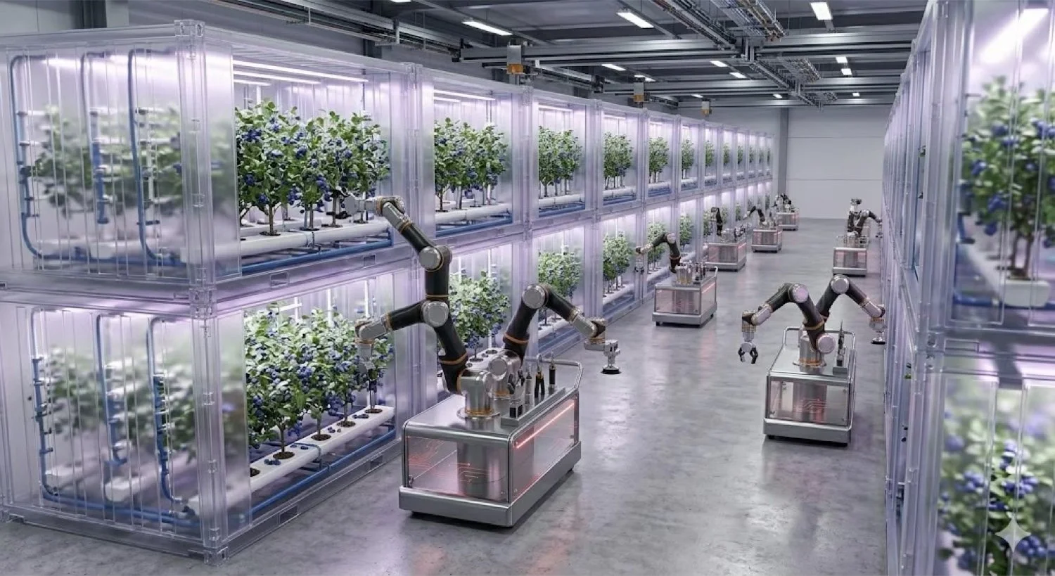 Illustrative concept of automated equipment operating among specialty crops in a controlled growing facility