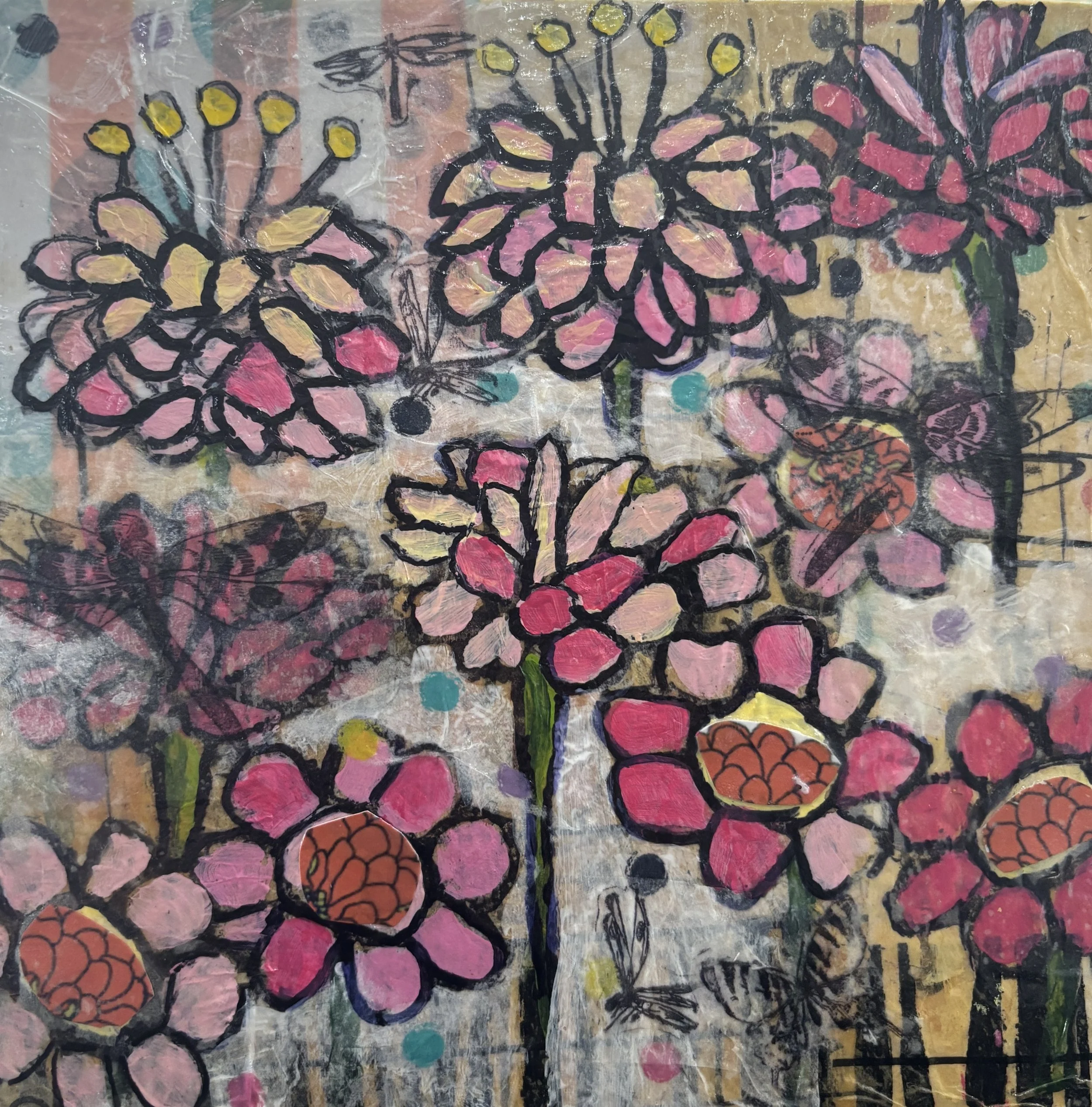 Zinnias & Dragonflies Mixed Media Collage
