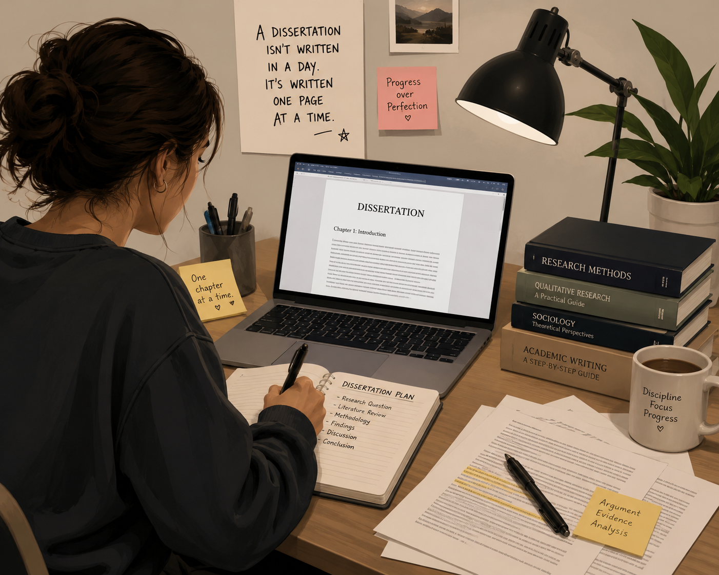 Doctoral student working on a dissertation at a desk with a laptop and notes