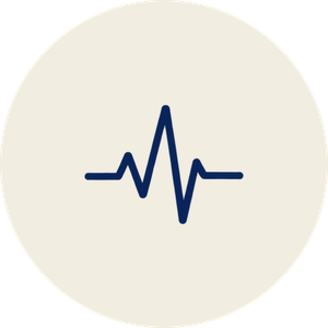 A stylized heartbeat or pulse line graphic in dark blue on a light circular background.