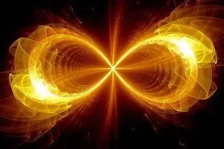 Une image d'art numérique avec des formes lumineuses dorées et jaunes symétriques, évoquant un motif d'infini ou un symbole de transformation.