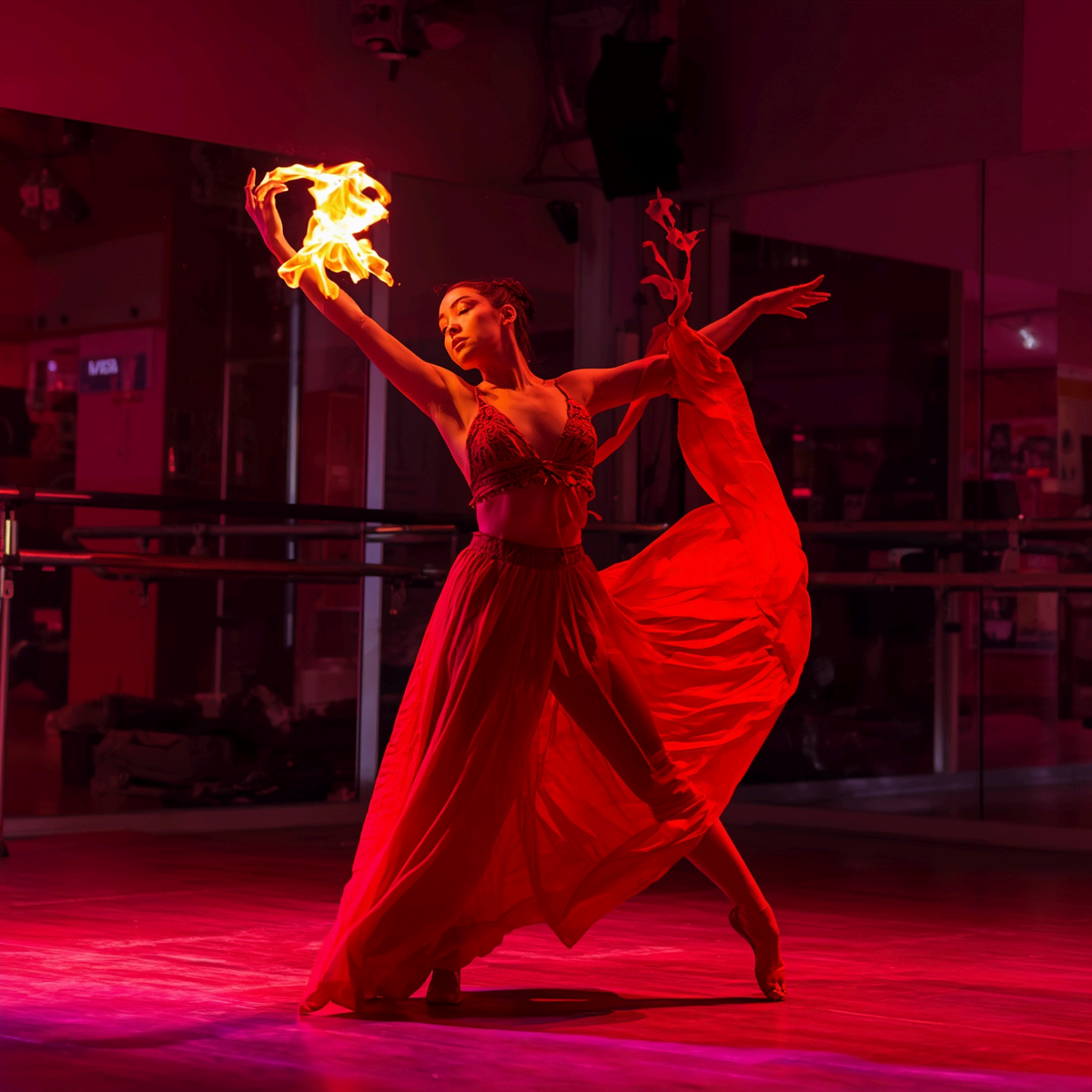 Une danseuse qui manipule des flammes en costume rouge dans un studio