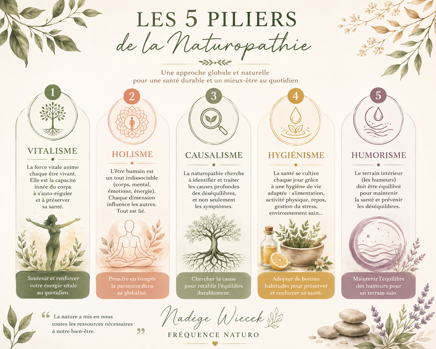 Les 5 pilliers de la Naturopathe : Vitalisme Holisme Causalisme Hygiènisme et Humorisme