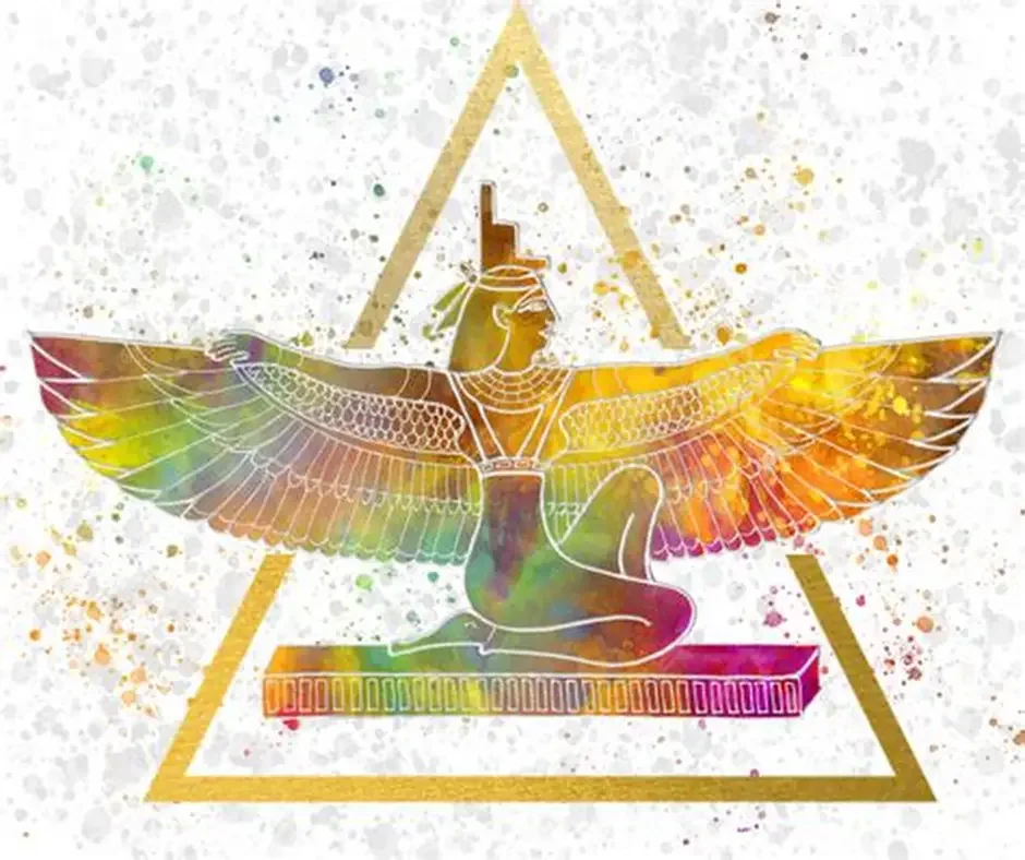 Une illustration colorée représentant une figure jambes croisées, bras ouverts, avec des ailes comme un oiseau, encadrée par un triangle doré. Fond blanc avec des taches de peinture multicolores.