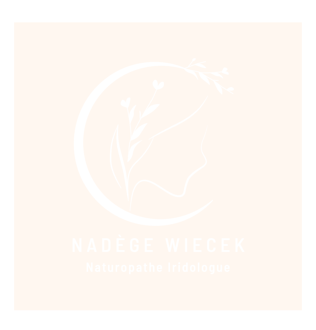 Logo en noir et blanc avec le profil d'une tête humaine stylisée intégrée dans un cercle, des branches d'herbes ou de fleurs traversant la tête, et le texte 'Nadège Wiecek, Naturopathe Iridologue'