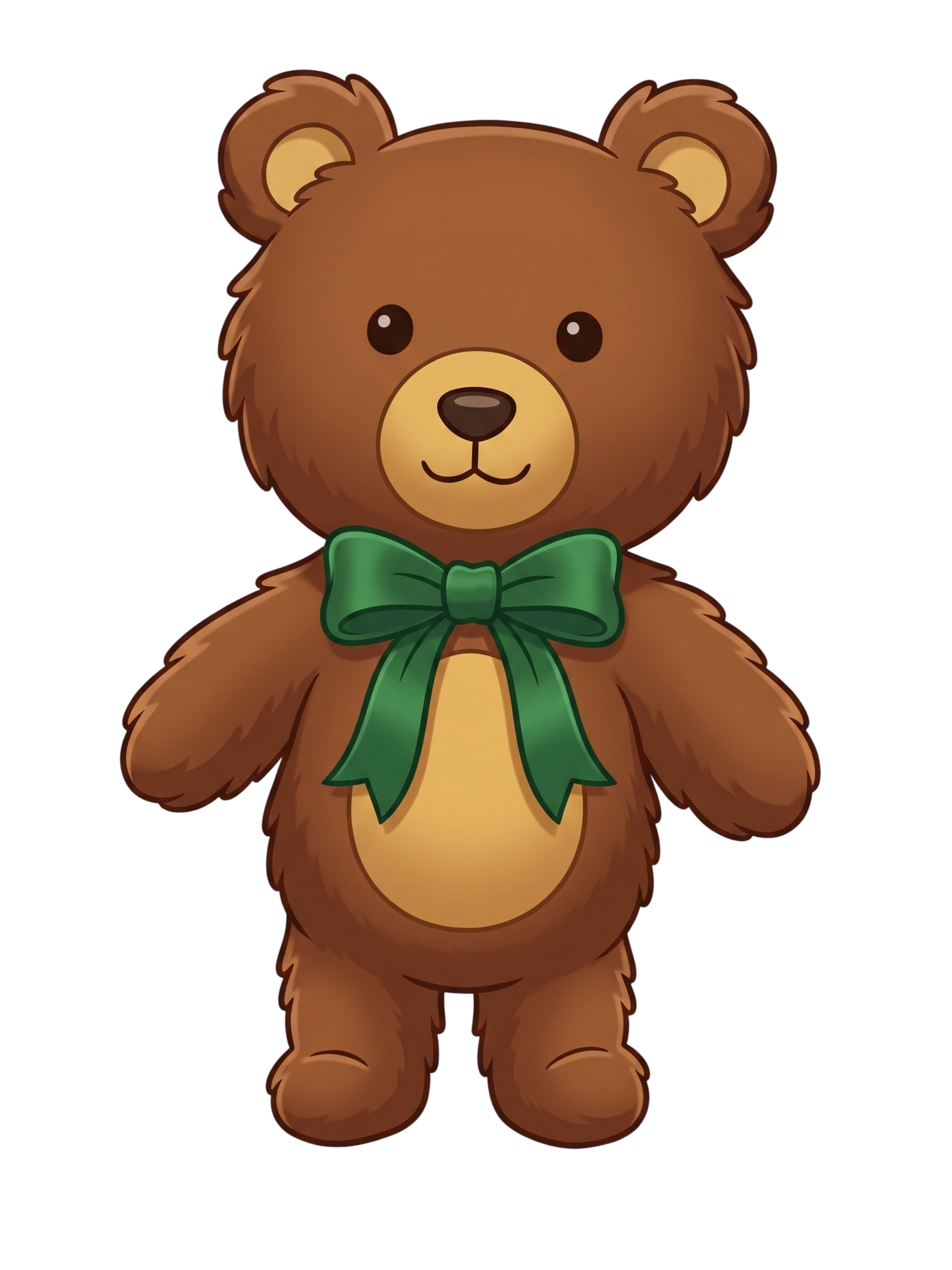 Cute illustrated teddy bear with a green bow tie, brown fur, large round ears, and a friendly expression.
