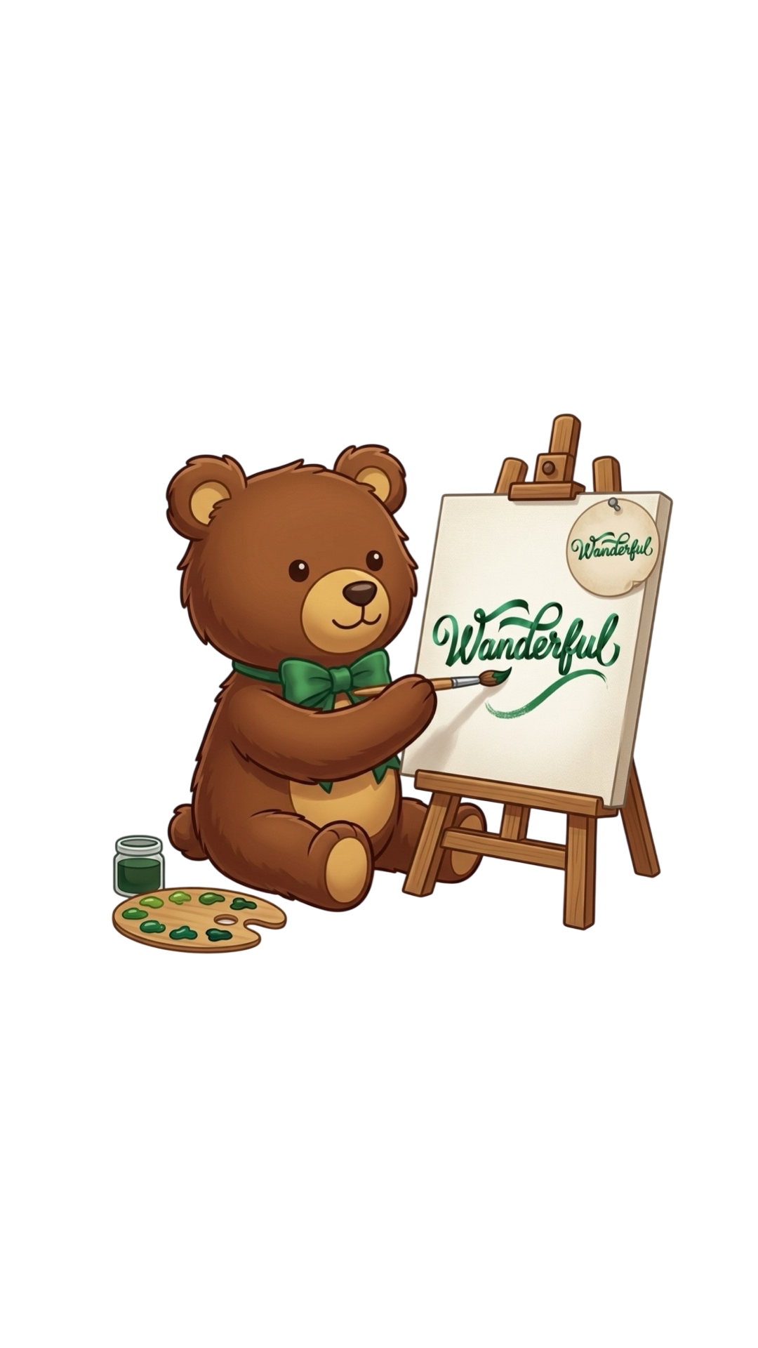A cute cartoon bear with a green bow tie painting the word "Wanderful" in green on a white canvas on an easel. There is a paint palette, a jar of green paint, and a small round tag with "Wanderful" hanging from the top of the easel.