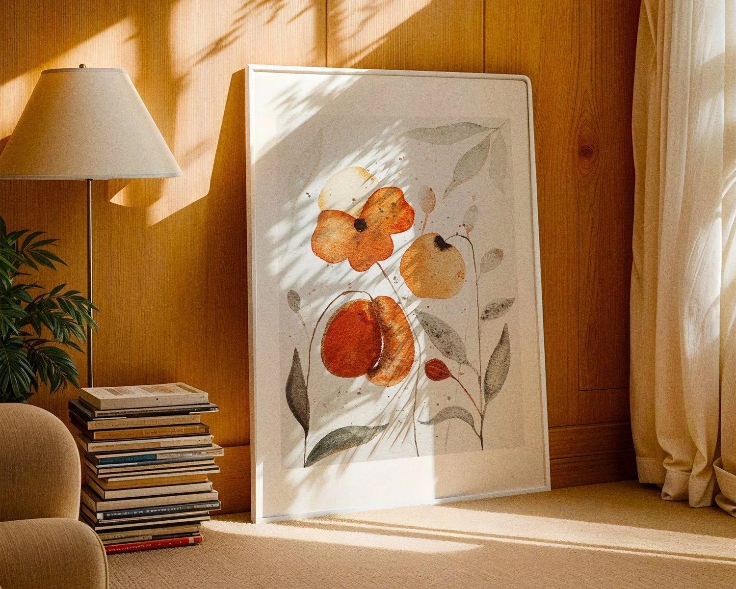 A stack of books next to an armchair, a lamp, and a large framed watercolor painting of flowers and leaves leaning against a wooden wall in a sunlit room.