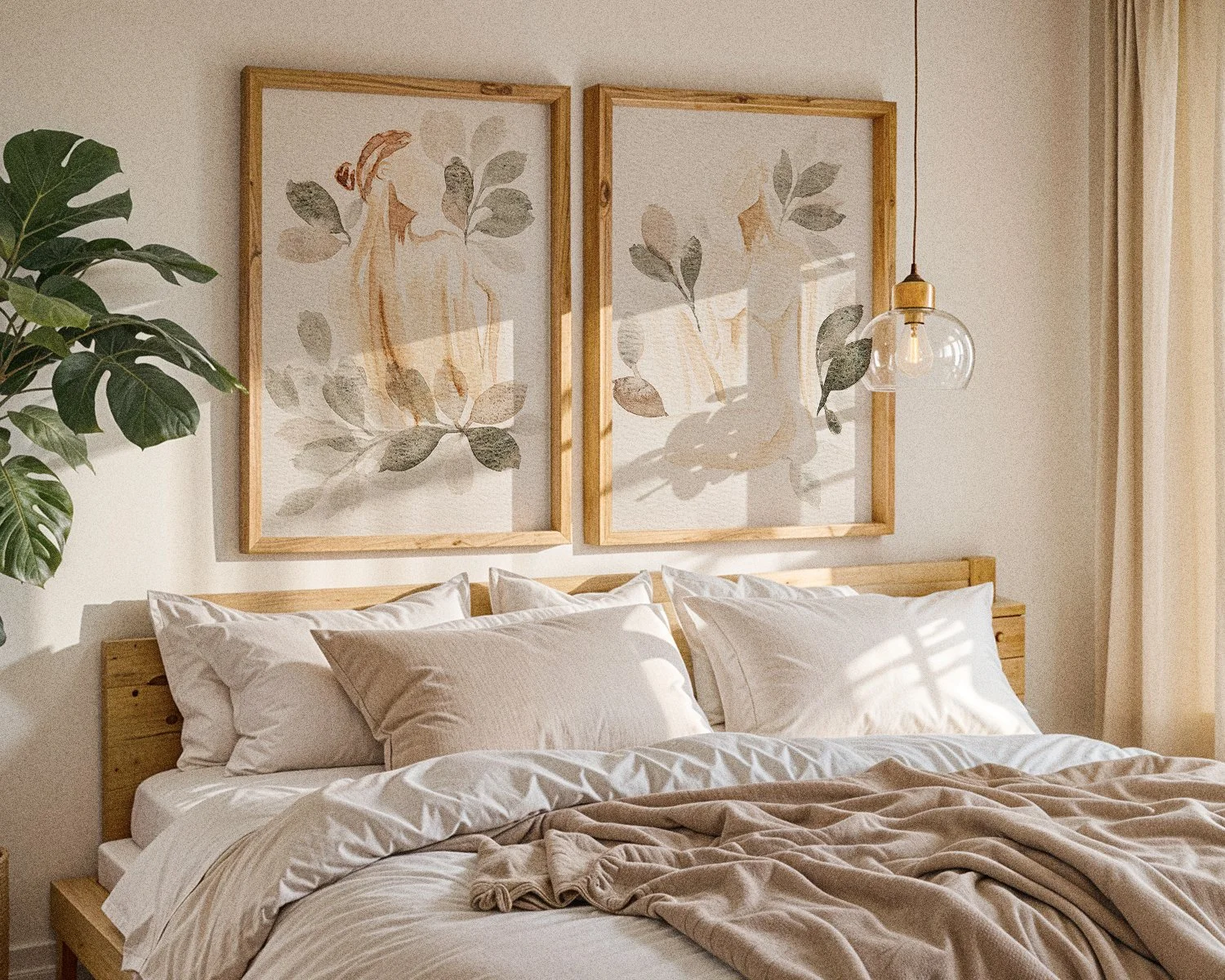A cozy bedroom with a wooden bed frame, light-colored bedding, and multiple pillows. Two large framed botanical prints hang above the bed, and a hanging pendant light is visible. A green leafy plant is on the left, and natural sunlight filters throug